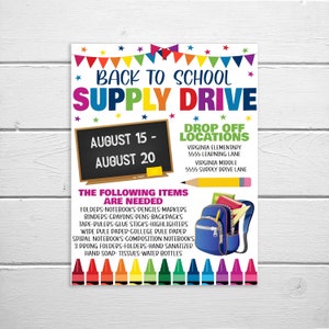 Folleto de colecta de útiles escolares, folleto imprimible y editable de la PTO/PTA, póster para recaudar fondos para útiles escolares, invitación de regreso a clases, póster para donaciones de útiles escolares