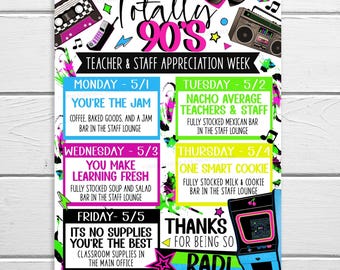 80s 90s Theme Teacher Nurse Staff Appreciation Week Itinerary Poster, Retro Old School Event Flyer, Nurse EMS Schedule Digital Download