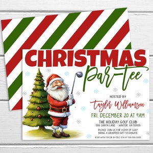 Puede incluir: Una invitación a una fiesta de golf navideña con un Papá Noel de dibujos animados sosteniendo un palo de golf. La invitación está decorada con rayas rojas y verdes y copos de nieve. El texto dice "Christmas Par-tee" y "Hosted by Taylor Williamson". La fecha y hora de la fiesta se indican como "Fri. December 20 at 9am". La ubicación es "The Holiday Golf Club, 555 Santa Lane, Winter, VA 55555". La invitación también incluye una solicitud para traer un regalo envuelto para donar y una fecha límite de respuesta del 15 de diciembre.