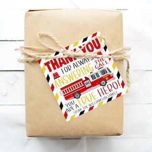 Brandweerman waardering cadeau tag, bedankje cadeau, eerste responder, eerstelijns openbare veiligheid essentiële werknemers brandweerlieden, bewerkbare sjabloon