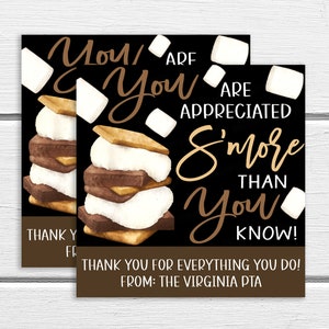 S'more Waardering Gift Tag, Je wordt gewaardeerd S'more Than You Know, Medewerker Leraar Personeel School PTA PTO Verpleegkundige Vrijwilliger, Bewerkbaar