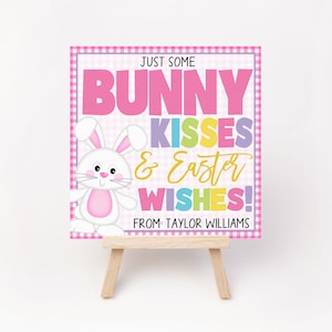 K&ouml;nnte beinhalten: Ein pink-wei&szlig;es Gingham-Schild mit einem Cartoon-Hasen und dem Text "Just some Bunny Kisses & Easter Wishes! From: Taylor Williams".