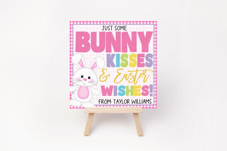 K&ouml;nnte beinhalten: Ein pink-wei&szlig;es Gingham-Schild mit einem Cartoon-Hasen und dem Text "Just some Bunny Kisses & Easter Wishes! From: Taylor Williams".