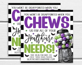 Chicle de Halloween con etiqueta de regalo, marketing de referencias, atención médica, hospicio, seguros, bienes raíces, banca, hipotecas, clientes.
