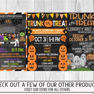 May include: Three chalkboard signs with orange and black Halloween decorations, announcing a Trunk or Treat event at Atlantic Shore Elementary School and Liberty Rec Centre. The signs list dates, times, and activities such as pumpkin decorating contests, hayrides, and games.
