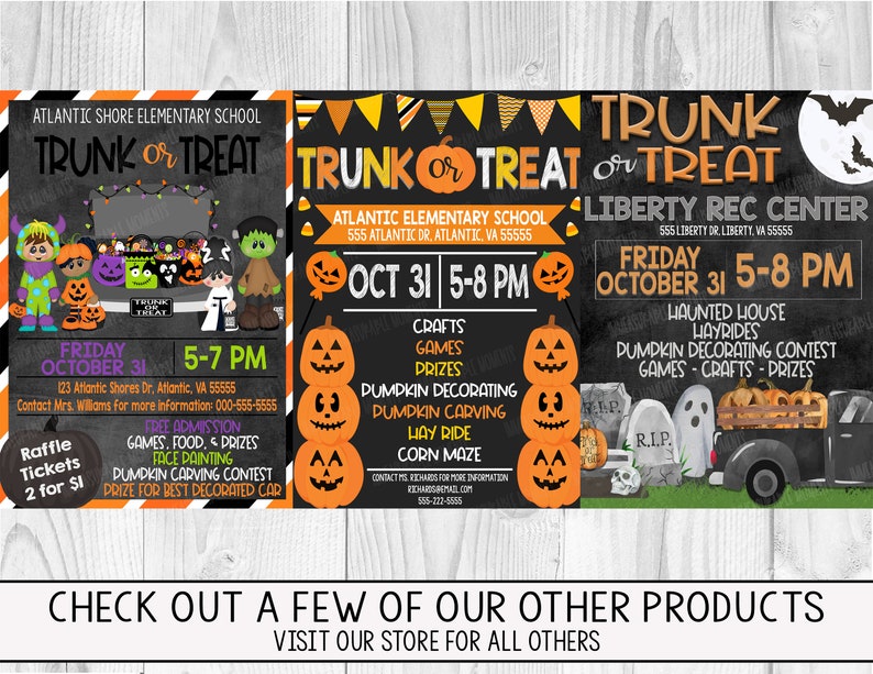 May include: Three chalkboard signs with orange and black Halloween decorations, announcing a Trunk or Treat event at Atlantic Shore Elementary School and Liberty Rec Centre. The signs list dates, times, and activities such as pumpkin decorating contests, hayrides, and games.