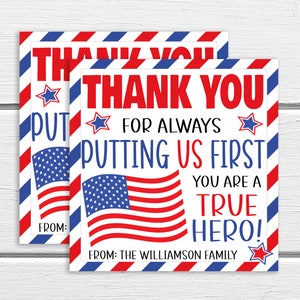 American Hero Appreciation Geschenkanhänger, Bearbeitbare Vorlage, Dankesgeschenk Militär, First Responder Polizei Patriotische Frontline Essential Worker