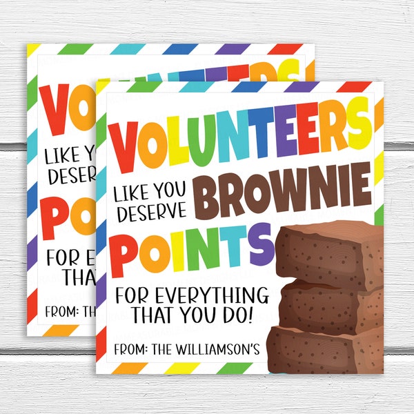 Volunteer Appreciation Gift Tags, Volunteers Deserve Brownie Points Label, Charity Non-profit Organization Appreciation, Editable Printable