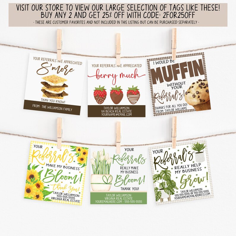 May include: A set of eight colorful thank you tags with different designs. The tags feature illustrations of a s'more, strawberries, a muffin, sunflowers, a potted plant, and a potted monstera plant. The tags include the text "Your Referrals Are Appreciated" and "Thank You!"