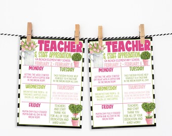 May include: A printable teacher and staff appreciation week schedule for Va Beach Elementary School. The schedule is for February 2nd through February 6th and includes daily treats like coffee, tacos, and muffins. The design features pink and green floral accents.