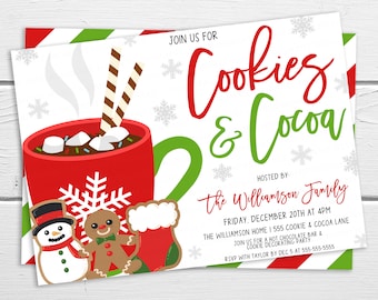 May include: A red and green striped invitation for a Cookies & Cocoa party hosted by the Williamson Family. The invitation features a cartoon illustration of a mug of hot chocolate with marshmallows and a snowflake. The text on the invitation reads "Join us for Cookies & Cocoa", "Hosted by: the Williamson Family", "Friday, December 20th at 4pm", "The Williamson Home | 555 Cookie & Cocoa Lane", "Join us for a hot chocolate bar & cookie decorating party", and "RSVP with Taylor by Dec 5 at 555-555-5555".