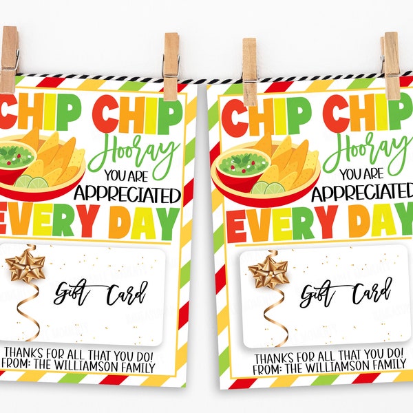 Mexican Food Card Holder, Editable Thank You Gift Card/Tag, Chip Chip Hooray Fiesta Theme, PTA Teacher School Staff Employee Volunteer Nurse