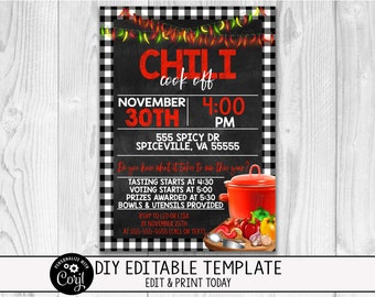 EDITABLE Chili Cookoff Invitation Card, Cook-off Party Event Flyer, Chili Competition, Customizable