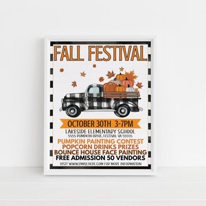 Puede incluir: Un cartel que anuncia un Festival de Oto&ntilde;o en la Escuela Primaria Lakeside. El cartel presenta una camioneta pick-up a cuadros blanco y negro con una cama llena de calabazas. El evento es el 30 de octubre de 3 a 7 pm e incluye pintura de calabazas, palomitas de ma&iacute;z, bebidas, premios, una casa de rebote, pintura de caras y 50 vendedores. La entrada es gratuita.