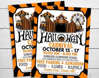 May include: Two Halloween Carnival flyers with an orange and black striped border. The flyers feature carnival illustrations and text that reads "Halloween Carnival October 15-17". The flyers also include information about free parking, food, games, and raffles.