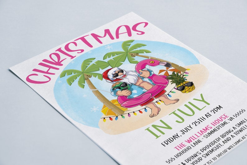 Puede incluir: Una invitaci&oacute;n a una fiesta de Navidad en julio con un Pap&aacute; Noel de dibujos animados que lleva gafas de sol y una camisa hawaiana, montando un flotador de flamenco rosa en un entorno tropical. El texto dice "Navidad en julio" e incluye la fecha, la hora y la ubicaci&oacute;n del evento.