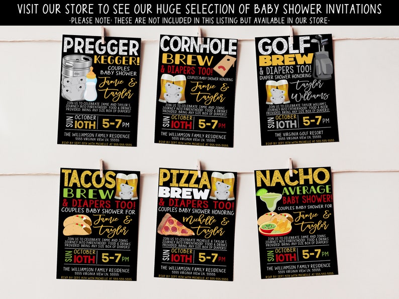 Puede incluir: Conjunto de 6 invitaciones de baby shower negras y doradas con diferentes temas. Las invitaciones presentan ilustraciones de comida y bebidas, como un barril, cornhole, palos de golf, tacos, pizza y nachos. Cada invitaci&oacute;n incluye el texto "Brew & Diapers Too!" y los nombres de la pareja homenajeada. Las invitaciones son para una baby shower de parejas el 10 de octubre de 17:00 a 19:00.
