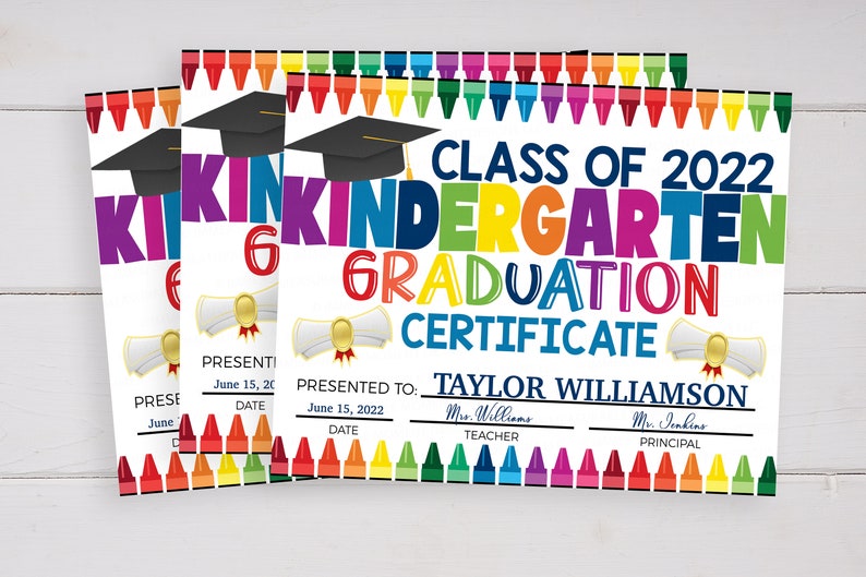 May include: A colourful graduation certificate for kindergarten with a graduation cap, diploma, and the text "Class of 2022 Kindergarten Graduation Certificate" presented to Taylor Williamson. The certificate has a border of colourful crayons.