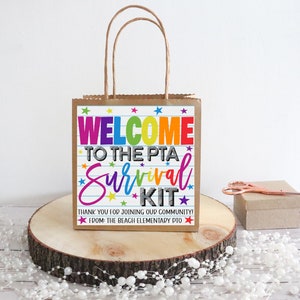 PTA Survival Kit Gift Tag, Welcome New Members, Elementary Middle High School, Printable Editable Template Parent Teacher Member Favor Label