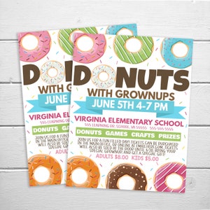 Donuts With Grownups Flyer, School PTO PTA, Father Mother Parent Grandparent Adult Breakfast Brunch Lunch Invitation Event Flyer Fundraiser