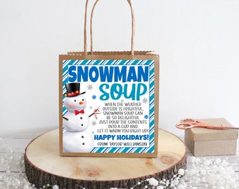 Etiquetas de regalo de sopa de muñeco de nieve, chocolate caliente navideño, chocolate caliente para fiestas de maestros en el aula, etiqueta de regalo navideño para estudiantes y niños, plantilla editable