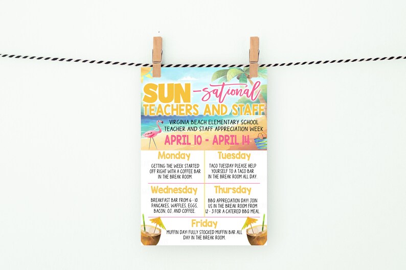May include: A colorful poster with a beach theme announces "SUN-sational Teachers and Staff" for Virginia Beach Elementary School Teacher and Staff Appreciation Week, April 10-14. The poster lists daily activities and treats for teachers and staff, including a coffee bar, taco bar, breakfast bar, BBQ appreciation day, and a muffin day.