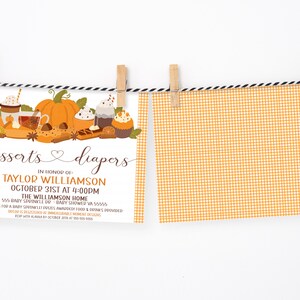 May include: A fall-themed baby shower invitation with a cute illustration of desserts and diapers. The invitation reads "desserts & diapers" in honor of Taylor Williamson on October 31st at 4:00pm at The Williamson Home.