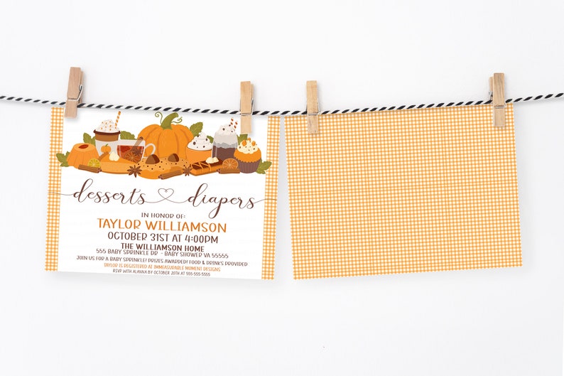 May include: A fall-themed baby shower invitation with a cute illustration of desserts and diapers. The invitation reads "desserts & diapers" in honor of Taylor Williamson on October 31st at 4:00pm at The Williamson Home.