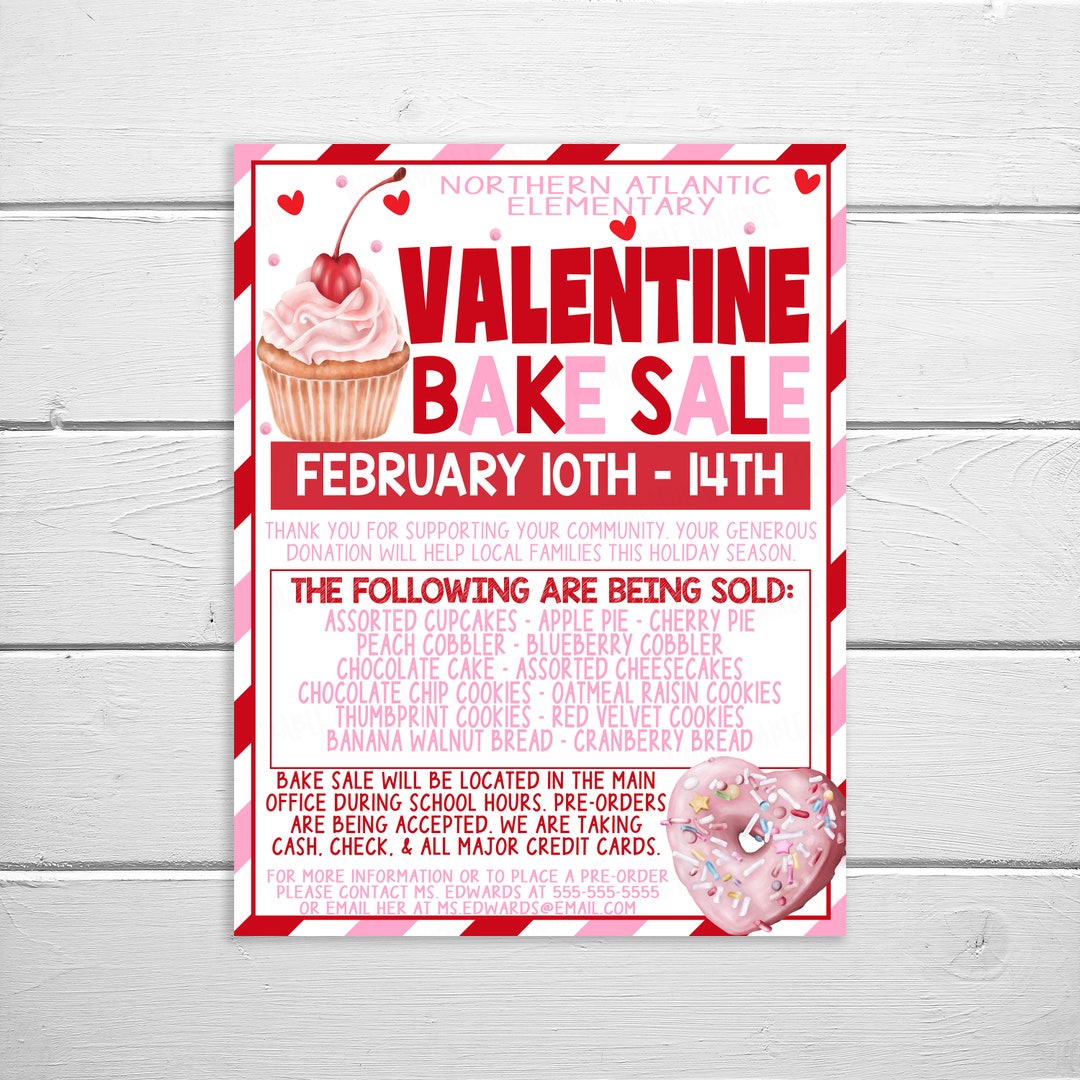 Valentine Bake Sale Flyer, Editable Bake Sale Fundraiser Invitation