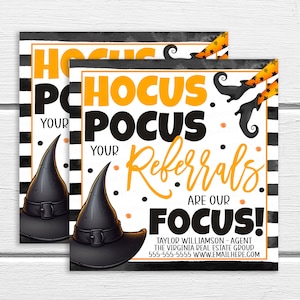 Halloween cadeaukaartje, Hocus Pocus Your Referrals are our focus, herfst herfst marketing, hospice vastgoedverzekering lening, sjabloon