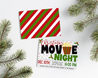 クリスマス映画ナイト招待チラシ、映画パーティーカード、映画誕生日パーティー、編集可能
