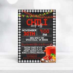 May include: A black and white checkered background with a chalkboard sign that says "Chili Cook Off" in red and white text. The sign also includes the date "November 30th" and the time "4:00 PM". The address is "555 Spicy Dr, Spiceville, VA 55555". The text "Do you have what it takes to win this year?" is also on the sign. The sign is decorated with red chili peppers. A red pot with chili peppers, onions, garlic, and a spoon is in the bottom right corner.