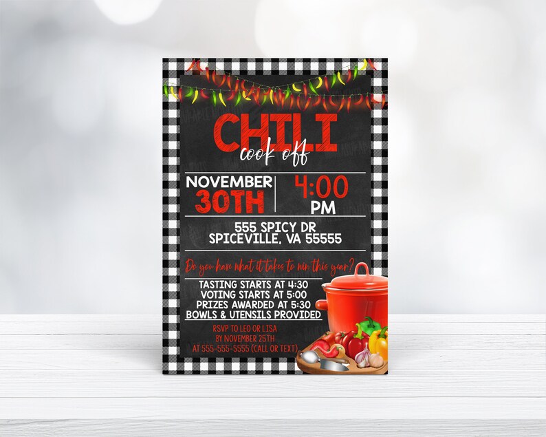 May include: A black and white checkered background with a chalkboard sign that says "Chili Cook Off" in red and white text. The sign also includes the date "November 30th" and the time "4:00 PM". The address is "555 Spicy Dr, Spiceville, VA 55555". The text "Do you have what it takes to win this year?" is also on the sign. The sign is decorated with red chili peppers. A red pot with chili peppers, onions, garlic, and a spoon is in the bottom right corner.