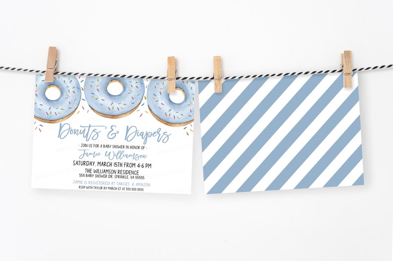 Baby Donut Invitation, Donut And Diapers Baby Shower, Sprinkled With Love Invite, Baby Boy Blue Shower, Blue Donut Sprinkle Invitation image 4