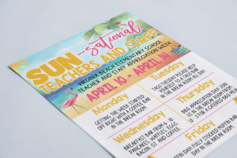 May include: A colorful flyer announcing a "Sun-sational Teachers and Staff" appreciation week at Virginia Beach Elementary School. The flyer features a pink flamingo and a beach scene. The event is scheduled for April 10-14 and includes daily activities like a coffee bar, taco bar, and BBQ.