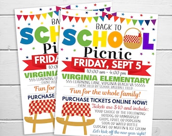May include: A colorful flyer for a Back to School Picnic at Virginia Elementary School on Friday, September 5th from 10:00 am to 4:00 pm. The flyer includes details about the event location, ticket prices, and what is included with the ticket purchase.
