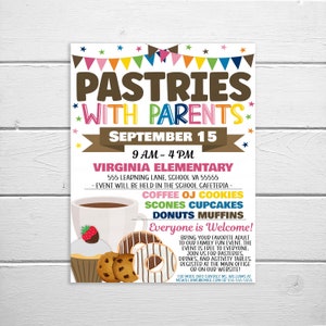 Pâtisseries avec les parents, dépliant PTA imprimable modifiable, petit-déjeuner à l’école Collecte de fonds Collecte de fonds Portes ouvertes Invitation imprimable