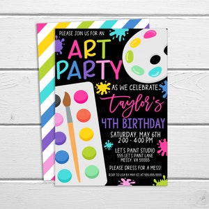 May include: Invitation to a 4th birthday art party for Taylor. The invitation features a paint palette, paintbrushes, and colorful paint splatters. The party will be held at Let's Paint Studio on Saturday, May 6th from 2:00 to 4:00 PM. Guests are asked to dress for a mess.