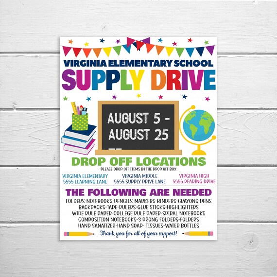 School Supply Drive Flyer, Printable Editable PTO PTA Flyer, Supplies