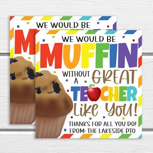 Etiqueta de regalo de muffin de agradecimiento al maestro, regreso a la escuela, último día, semana de agradecimiento al maestro, personal empleado escuela PTO PTA imprimible