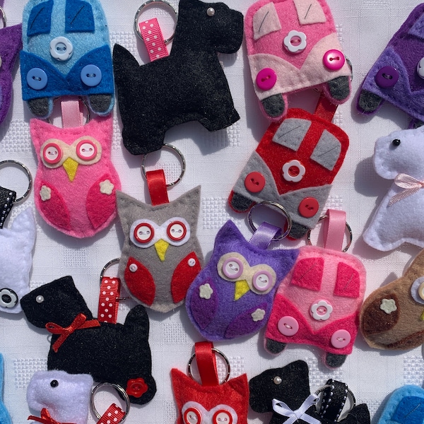 Keyrings, keychains, novelty key rings, Felt keyrings, Owl keyrings, Scottie dog keyring, Camper van keyring.