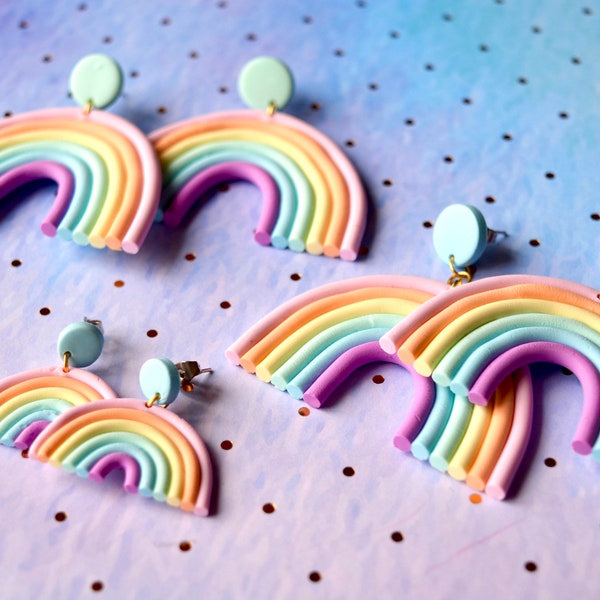 Boucles d’oreilles arc-en-ciel, arc-en-ciel couleurs pastels, bijoux fait main en pâte polymère fimo