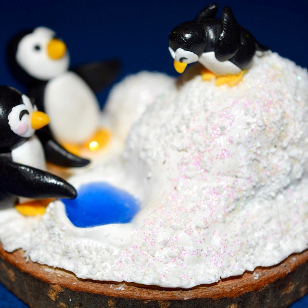 Banquise miniature avec famille de pingouins, objet décoratif miniature, fait main en pâte polymère fimo, décoration pour table de noël