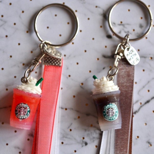 Keychain strawberry or chocolate drink with whipped cream, colored ribbons and charm made with love, handmade in fimo polymer paste