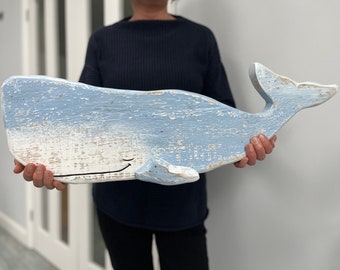 Handmade Wooden Whale Wall Hanging: Coastal Folk Art Decor