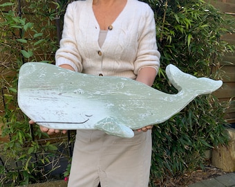 Handmade Wooden Whale Wall Art: Sage Green Coastal Decor