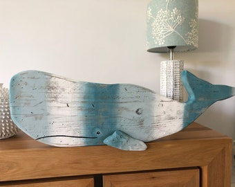 Wooden Whale, Nautical, Beach home decor, Whale wall hanging, Coastal sea theme, Duck egg blue, Rustic wall art, Large art piece, Moby whale