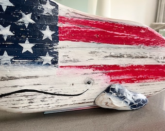 Handmade Wooden Whale Wall Hanging: Stars & Stripes Coastal Decor