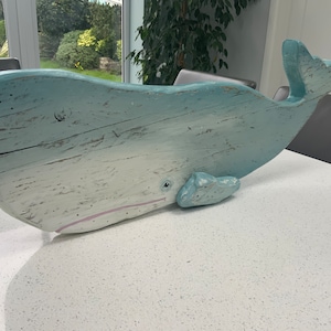 Large wood whale, Beach home decor, Whale art, Ocean, Shades of blue, Table  decoration, Interior design, Coastal sea theme, Unique art