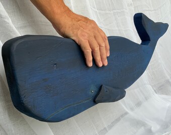 Rustic Navy Blue Wood Whale Wall Hanging - Coastal Decor